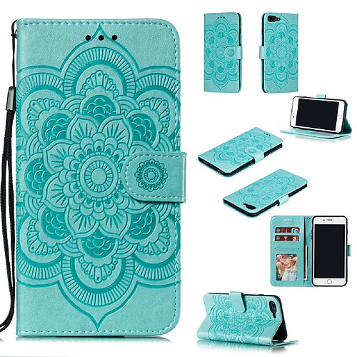 Etui en PU fleur de malanda avec support et sangle cyan pour votre Apple iPhone 8 Plus/7 Plus 4.7 pouces