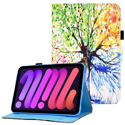 Etui en PU ligne de couture avec support et porte-cartes arbre coloré pour votre Apple iPad mini (2021)