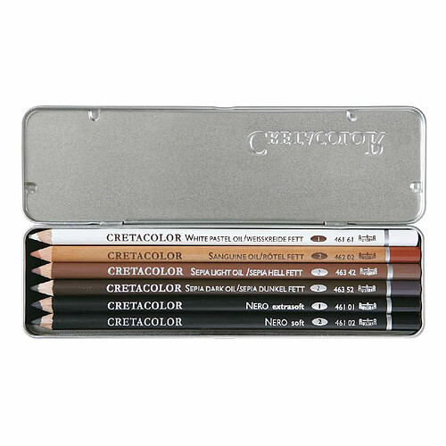 Raphael Set 6 crayons gras pour esquisses - blanc, sanguine, sépia clair, sépia foncé, noir extra-tendre, tendre