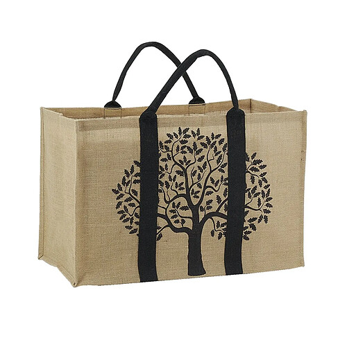 Aubry Gaspard Sac à bûches en jute motif noir arbre.