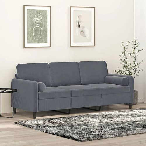 vidaXL Canapé 3 places avec oreillers gris foncé 180 cm velours