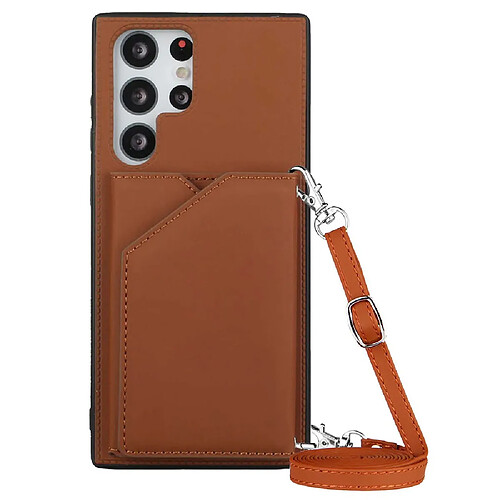 Coque en TPU + PU avec béquille, porte-carte et bandoulière marron pour votre Samsung Galaxy S22 Ultra 5G