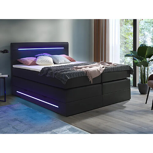 Vente-Unique Ensemble complet boxspring tête de lit avec leds + sommiers coffre + matelas + surmatelas - 160 x 200 cm - Simili - Noir - KEROS de YSMÉE