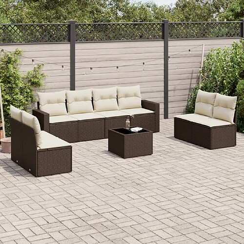 vidaXL Salon de jardin avec coussins 9 pcs marron résine tressée