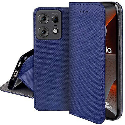 Htdmobiles Housse etui portefeuille avec coque interieure en silicone pour Motorola Edge 50 Pro 5G + verre trempe - BLEU MAGNET