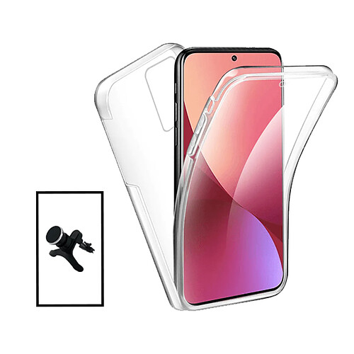 PHONECARE Kit Coque 3x1 360° Impact Protection + Support Magnétique de Voiture Renforcé pour Xiaomi Mi 12 Lite - Transparent/Blanc