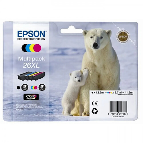 Cartouche d'Encre - Imprimante EPSON Multipack T2636 XL - Ours Polaire - Noir, Cyan, Jaune, Magenta (C13T26364010)