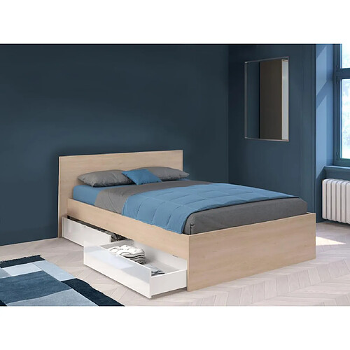 Vente-Unique Lit avec 2 tiroirs 140 x 190 cm - Coloris : Naturel et blanc brillant + Sommier + Matelas - VELONA