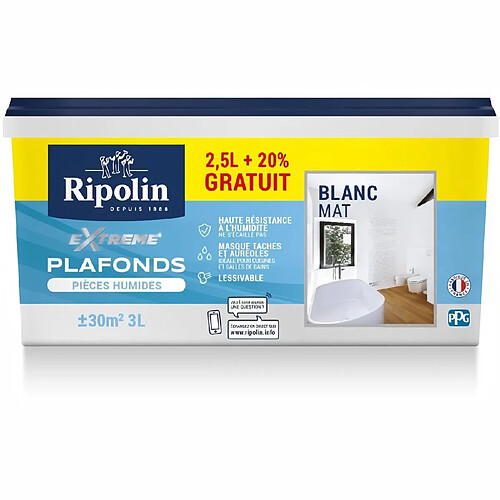 Peinture plafond pour piece humides mat blanc 3L Ripolin