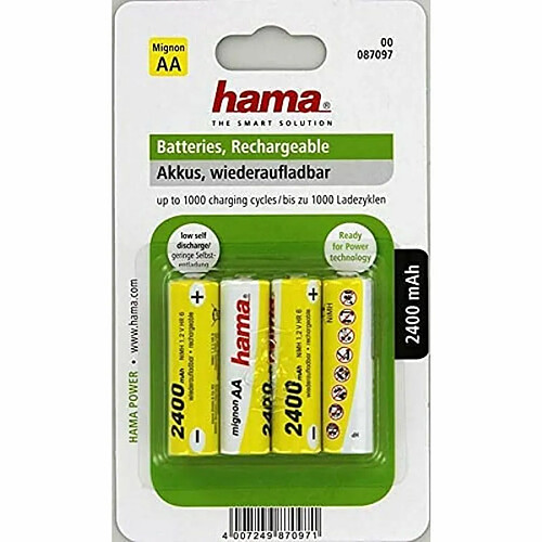 Hama Lot de 4 accus (LR06, 2500 mAh, rechargeable, 4 piles NiMH, 1,2 V, adapté aux téléphones sans fil) Jaune/Blanc