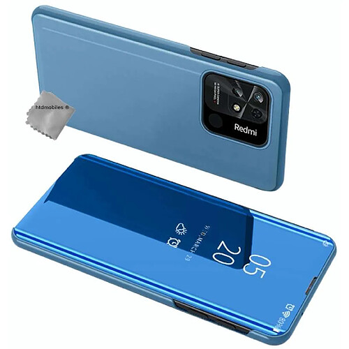 Htdmobiles Housse pour Xiaomi Redmi 10C - etui portefeuille miroir clear view + verre trempe - BLEU