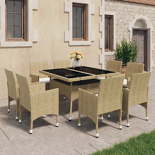 Salle à dîner de jardin 9 pcs,Table et chaise à manger Résine tressée et verre Beige -MN40437