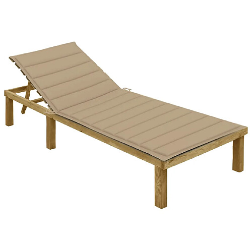 Helloshop26 Transat chaise longue bain de soleil lit de jardin terrasse meuble d'extérieur 200 cm avec coussin beige bois de pin imprégné 02_0012300