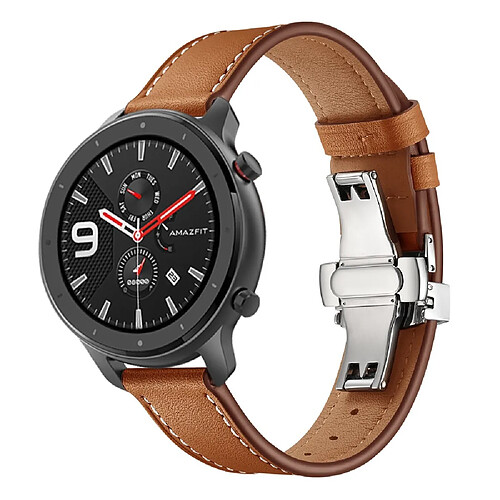 Bracelet en cuir véritable 22mm boucle papillon argent/marron pour votre Huami Amazfit GTR 47mm