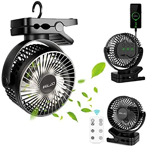 Ventilateur de Camping 12000mAh, ventilateur de Bureau USB à Rotation 360 Ventilateur de Table Rechargeable avec Lumière LED et Crochet de Suspension, Ventilateur Portable Silencieux avec Télécommande, Clip