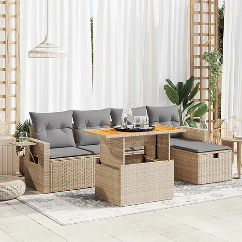 vidaXL Salon de jardin 6 pcs avec coussins beige résine tressée acacia