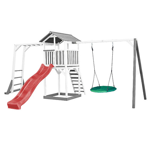 AXI Beach Tower Aire de Jeux avec Toboggan en Rouge, Cadre d'escalade, Balançoire Nid d'oiseau VERT & Bac à Sable | Grande Maison Enfant extérieur en Gris & BLANC | Cabane de Jeu en Bois FSC