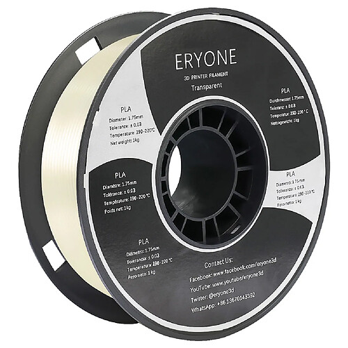 None Filament PLA ERYONE pour imprimante 3D 1,75 mm Tolérance 0,03 mm 1 kg (2,2 lbs)/bobine - Transparent