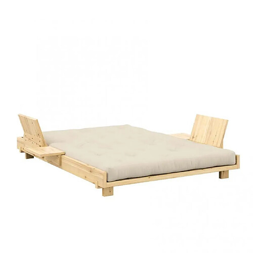 Inside 75 Lit futon SOCIAL SOFA pin laqué naturel couchage 140x200 cm avec 2 dossiers et 2 tables d'appoint matelas beige