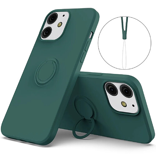 Coque en silicone avec béquille à anneau réglable et sangle vert noirâtre pour votre Apple iPhone 13 6.1 pouces