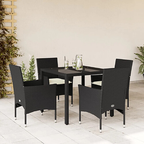 vidaXL Ensemble à manger de jardin et coussins 5 pcs noir rotin verre