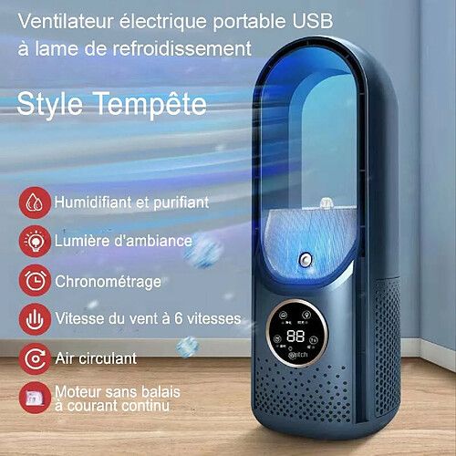 Ventilateur électrique portable USB à lame de refroidissement d'air, minuterie silencieuse à 6 vitesses climatisation humidificateur