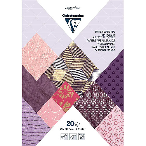 Clairefontaine 95093C - Un bloc de 20 feuilles de papiers du monde 21x29,7cm, Rose/Violet