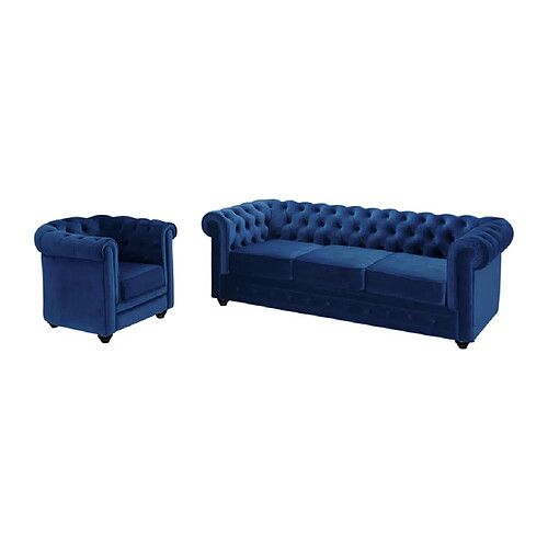 Vente-Unique Canapé 3 places et fauteuil CHESTERFIELD - Velours bleu roi