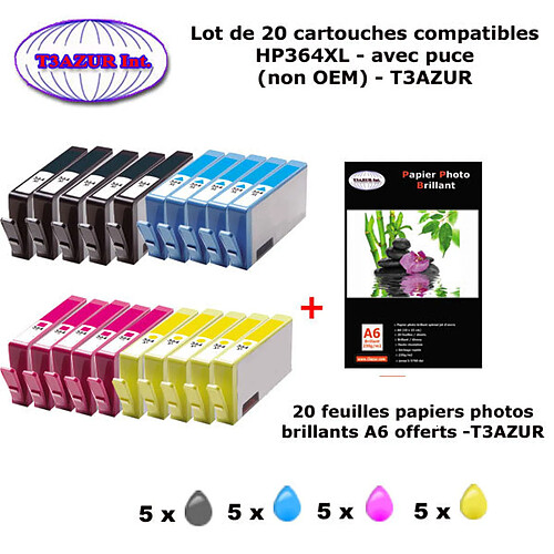 20 cartouches compatibles HP364XL pour HP Deskjet 3070 B611 3070A 3520 3522 3522A 3524 - 20f A6 brillantes -T3AZUR