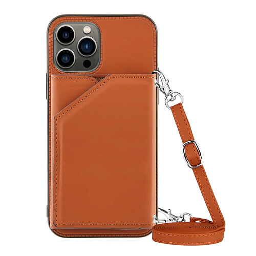 Coque en TPU + PU avec béquille, bandoulière et porte-cartes marron pour votre Apple iPhone 13 Pro 6.1 pouces