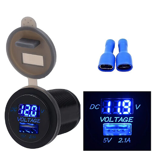 Wewoo Chargeur Universal Car Single Port USB Adaptateur de prise de courant 2.1A 5V IP66 avec LED Voltmètre Numérique + Câble 60cm lumière bleue