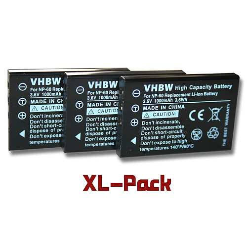 vhbw 3x batteries Li-Ion Set 1000mAh (3.6V) pour appareil photo Aiptek Pocket DV 5700, DV 8700, DV T200 et NP-60, HP-L1812A, HP R07.