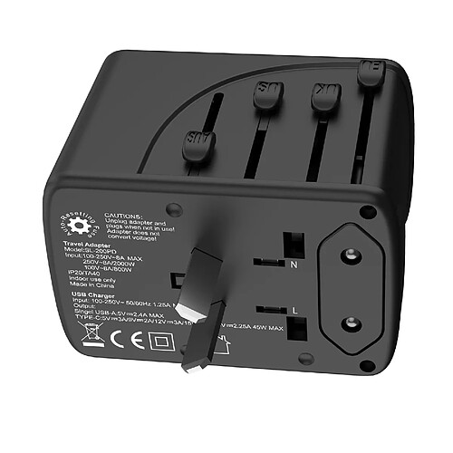 Adaptateur De Voyage Chargeur Mural Adaptateur Secteur 2.4A 4 USB 45W Type-C Pour US EU UK AU Noir