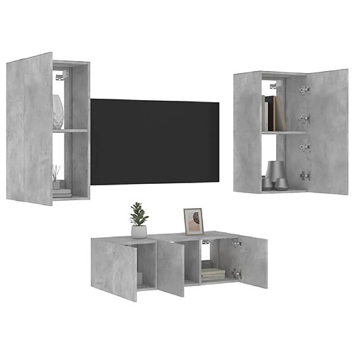 vidaXL Unités murales TV avec LED 4 pcs gris béton bois d'ingénierie