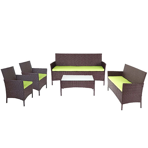 Decoshop26 Salon de jardin en polyrotin avec fauteuils bancs et table marron chiné coussin vert 04_0005729