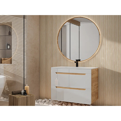 Vente-Unique Meuble de salle de bain suspendu avec vasque à encastrer - Coloris naturel et blanc - 80 cm - ARUBA