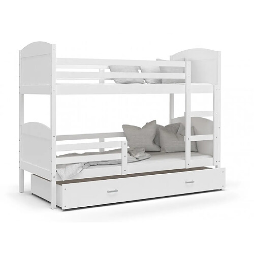 Kids Literie Lit Superposé Mateo 90x190 Blanc - blanc Livré avec sommiers, tiroir et matelas en mousse de 7cm