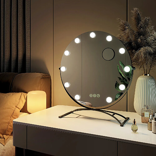 EMKE Miroir de maquillage Hollywood avec Ampoules LED Miroir grossissant Interrupteur tactile 3 couleurs dimmable Rotation à 360° - Cadre Noir 58 x 50 cm