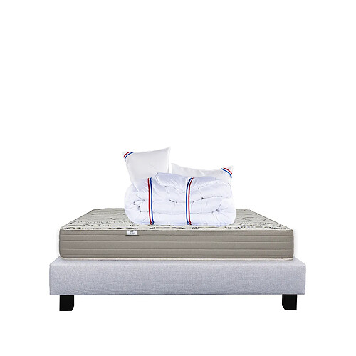 LUXURY LITERIE Ensemble matelas OrganicCoton 140x200 cm + sommier gris ep20cm + 2 oreillers + couette