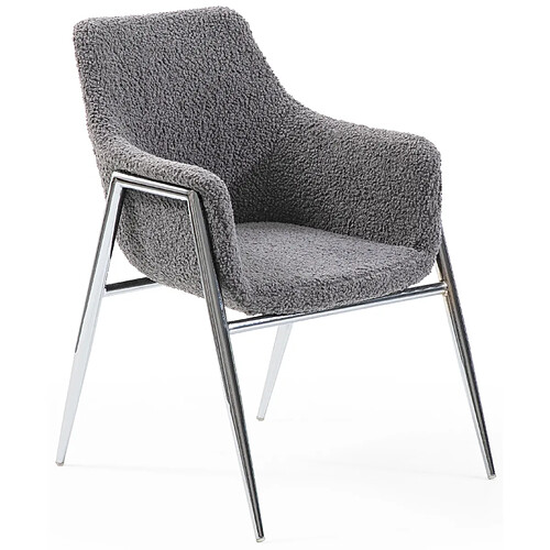 Vivenla Chaise salle à manger design revêtement en tissu bouclette gris clair avec piètement en acier argenté L. 60 x P. 60 x H. 84 cm collection METZ