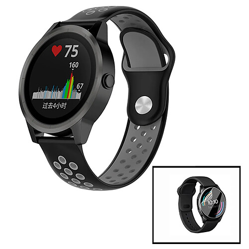 PHONECARE Kit Bracelet Bicolore SportStyle + Film de Hydrogel pour Garmin Vivomove 3 - 44mm - Noir / Gris