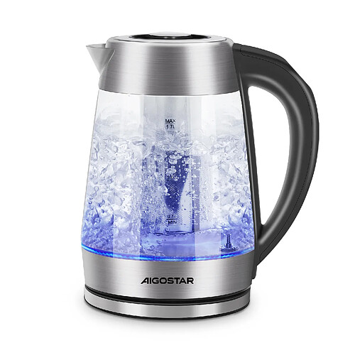 Aigostar Cris - Bouilloire de 1,7L et 2200W en verre borosilicaté et inox avec illumination LED 5 couleurs. Filtre à thé amovible, thermostat réglable (60-100ºC) et maintien au chaud 2h. Sans BPA.