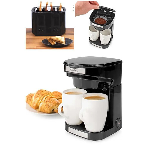 Livoo Cafetière électrique 2 Tasses Duo 2 x 0.25l Filtre permanent lavable 450W noir + Grille-pain Noir 1500W 4 fentes larges