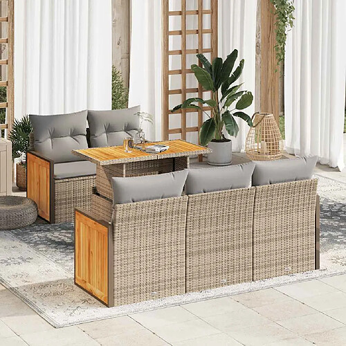 vidaXL Salon de jardin 6 pcs avec coussins beige résine tressée acacia