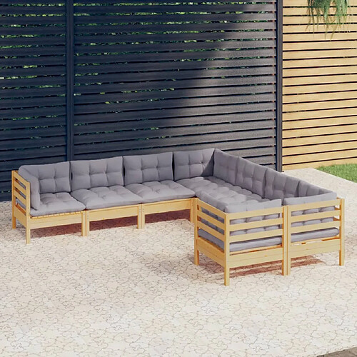 vidaXL Salon de jardin 8 pcs avec coussins gris Bois de pin massif