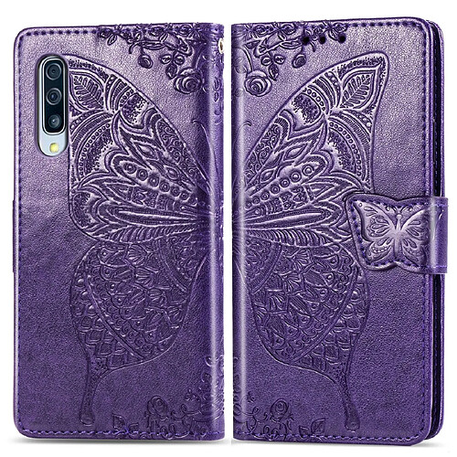 Wewoo Housse Coque Étui en cuir à rabat horizontal Butterfly Love Flowers gaufrage pour Galaxy A70avec porte-cartes et porte-cartesainsi que portefeuille et lanière violet foncé