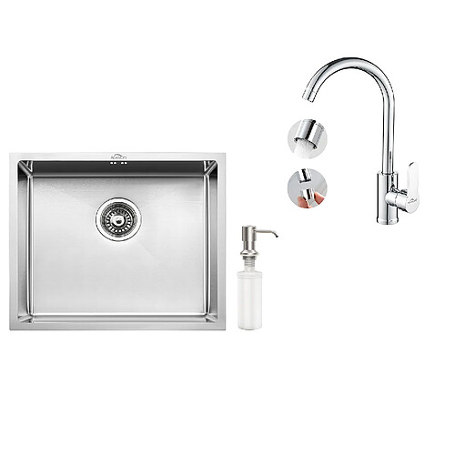 Auralum MAX Évier de Cuisine Inox 1 Bac 50*43*18CM avec Distributeur de Savon+Robinet Cuisine Pivotant à 360° avec Eau Chaude/Froide, Chromé