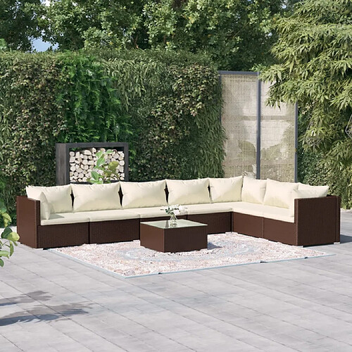 vidaXL Salon de jardin 8 pcs avec coussins Résine tressée Marron