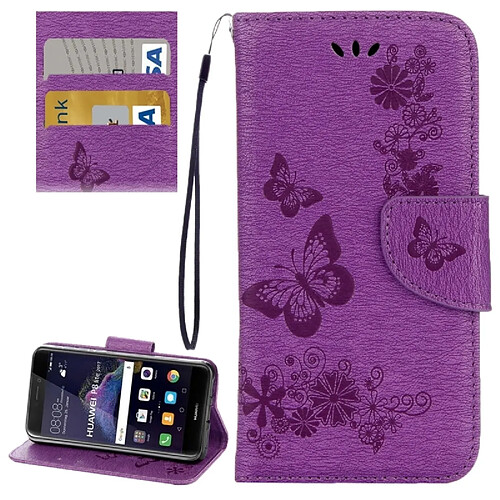 Wewoo Housse Étui Violet pour Huawei P8 Lite 2017 Papillons Gaufrage en cuir flip horizontale avec support & Slots de cartes Portefeuille & Longe