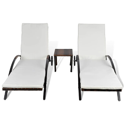 Helloshop26 Lot de deux chaises longues transat 200 cm avec table résine tressée marron 02_0011913